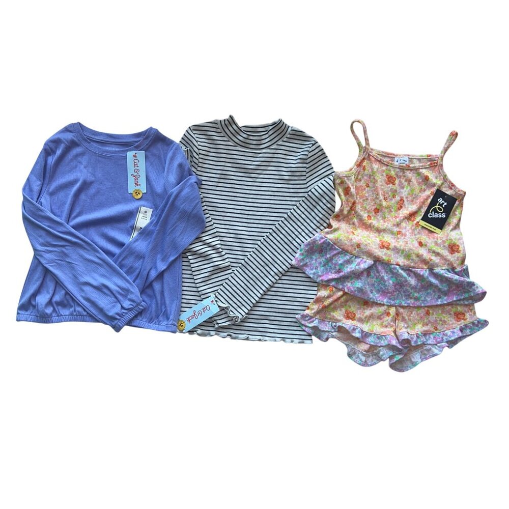 Cat & Jack Long-Sleeve Top Striped Turtleneck & Floral PJ Tank Girls M/8 (3-Pk)